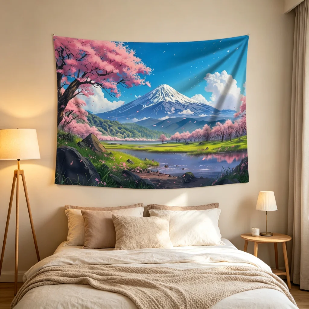 1PC Mount Fuji Cherry Blossom Print Backdrop Banner, Bedroom Photo Background, Polyester Wall Hanging, Home Decor, Wall Art