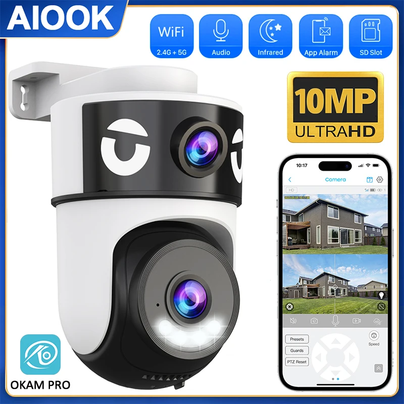 

AIOOK OKAM PRO 5G WIFI Camera HD 10MP Dual Lens PTZ Outdoor Security Camera Ai Human Detection Tracking Night Vision IP CCTV