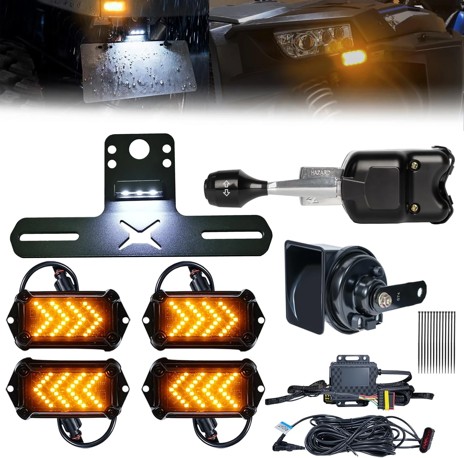UTV Turn Signal Kit with 110dB Horn and License Plate Holder with Light UTV ATV Blinker with Lever Column / Switch Rocker Switch