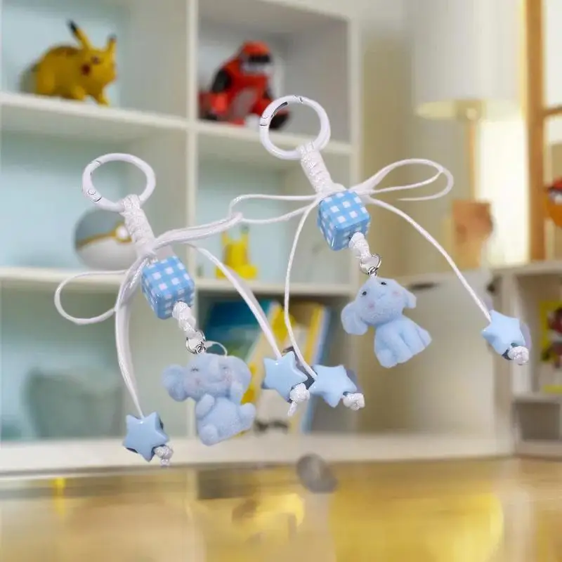 Cute Light Blue Flocked Elephant Keychain Cartoon Bow Animal Keyring Bag Pendant Key Holder Best Friend Gifts