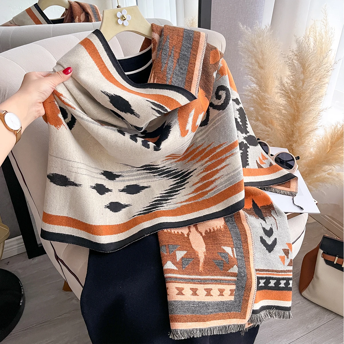 Women New Jacquard Pashmina Imitation Cashmere Scarf Winter Thick Warmth Two-Sided Shawl Cold and Wind Resistant Blanket Scarf