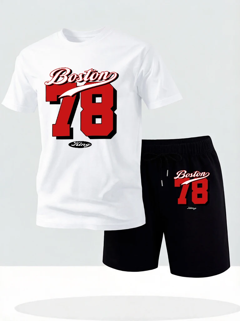 

Boston Number 78 Pattern Simple Commute T Shirt For Man Sets Summer Pocket Loose Shorts Cotton Breathable Street Clothing Unisex