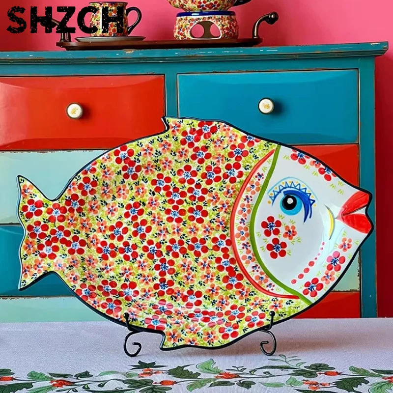 2025 Hand-Painted Ceramic Fruit Platter, Large Fish Shaped Serving Dish, Creative Home Kitchen Dining Table Decor