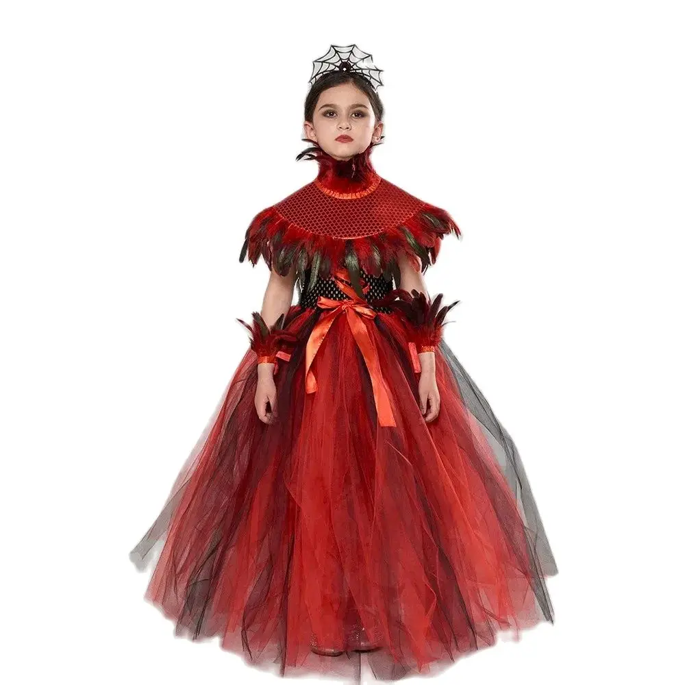 Girls Demon Evil Queen New Halloween Costume Girl Demon Witch Dress Red Mesh Elegant Gown Vampire Carnival Party Cosplay Costume