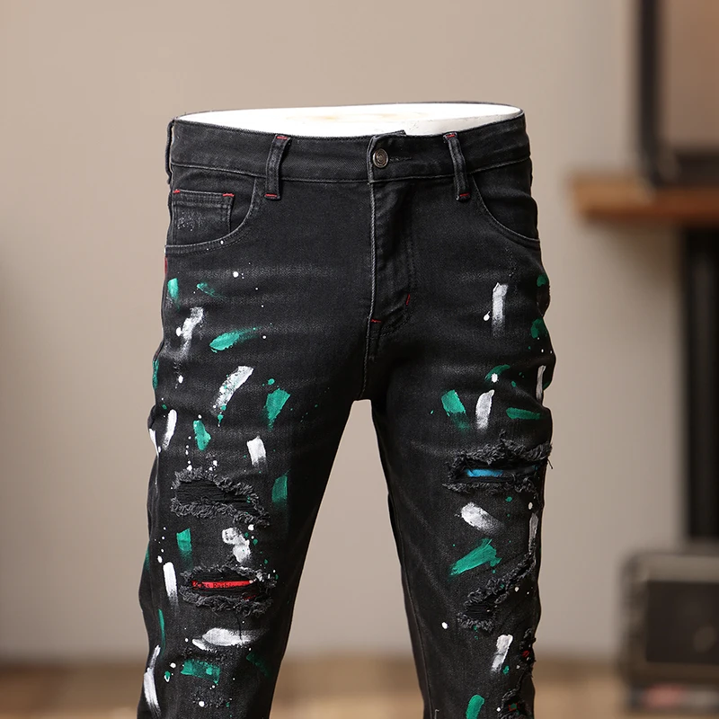 Pantalones vaqueros ajustados de Graffiti para hombre, Pantalones rectos, rasgados, a la moda, a juego, color negro, otoño