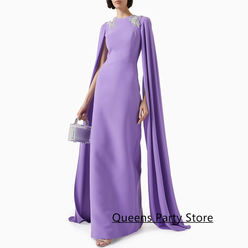 ลาเวนเดอร์ชุดราตรีที่กําหนดเองรอบคอ Cape ประดับด้วยลูกปัด Applique กลับแยก Arabian Party ชุดราตรี