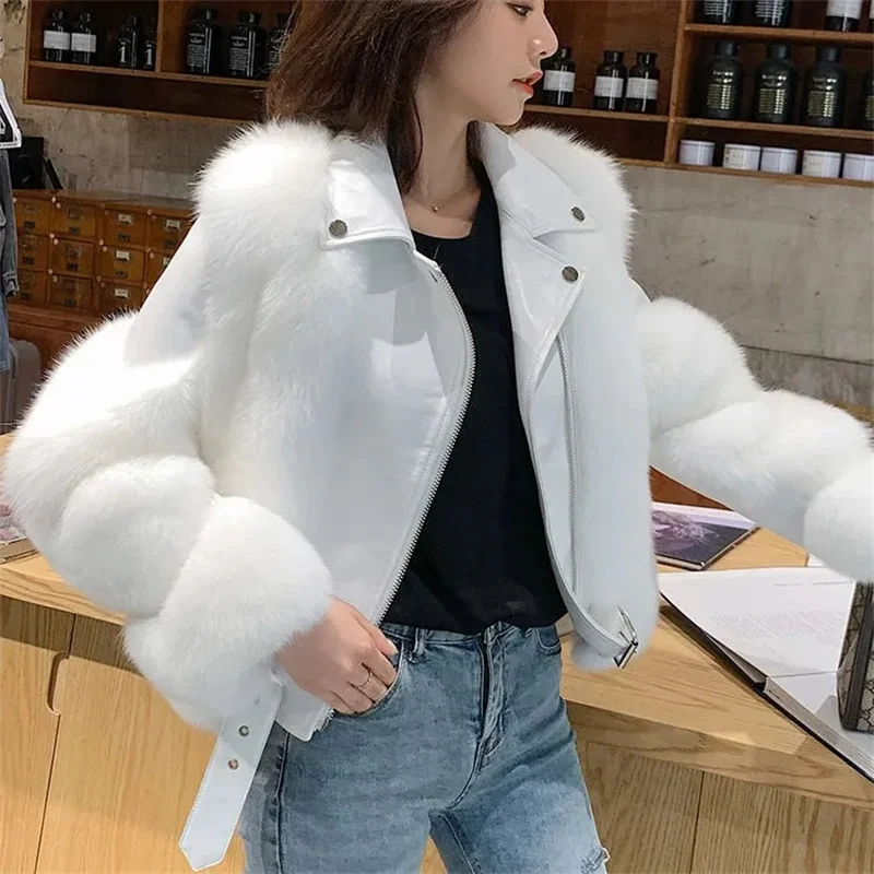 Black New imitation fox fur grass Jacket For women Motorcycle Short Slimming Fur Coat Female Winter Warm Thick Zipper Jackets