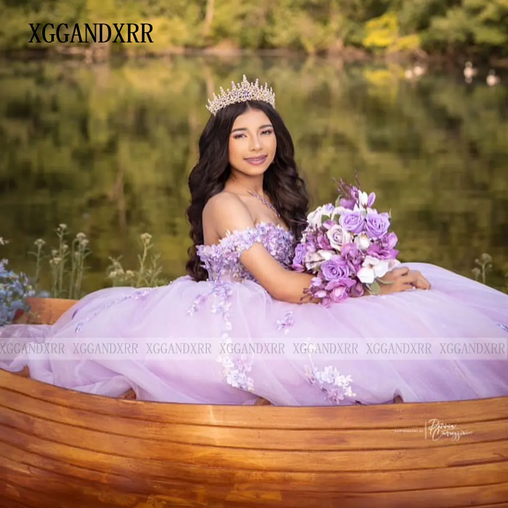 فساتين Quinceanera باللون الأرجواني الفاتح المخصصة 2024 أرجواني على شكل قلب مزين بالدانتيل على شكل كرة الأميرة الحلوة 16 فستان فيستدو دي 15 أنيوس