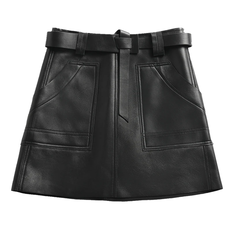 

Ning High Waist A-Line Leather Skirt Women's Autumn New Sle eepskin Slim Fit Bodycon Skirt with ket