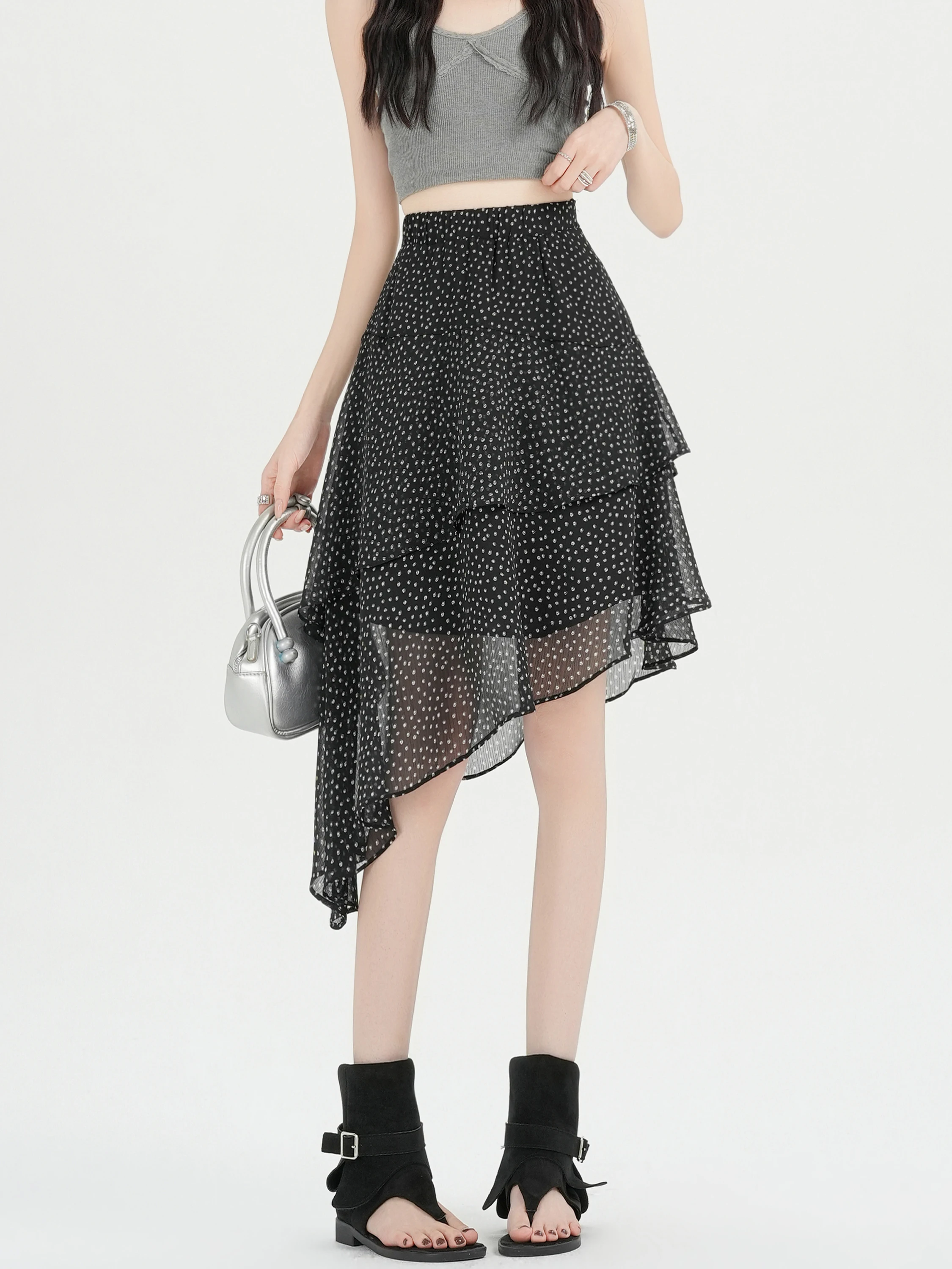 

Summer 2026 New High Waist Slimming Casual A-Line Midi Skirt for Women with Irregular Polka Dot Chiffon Skirt Korean Style