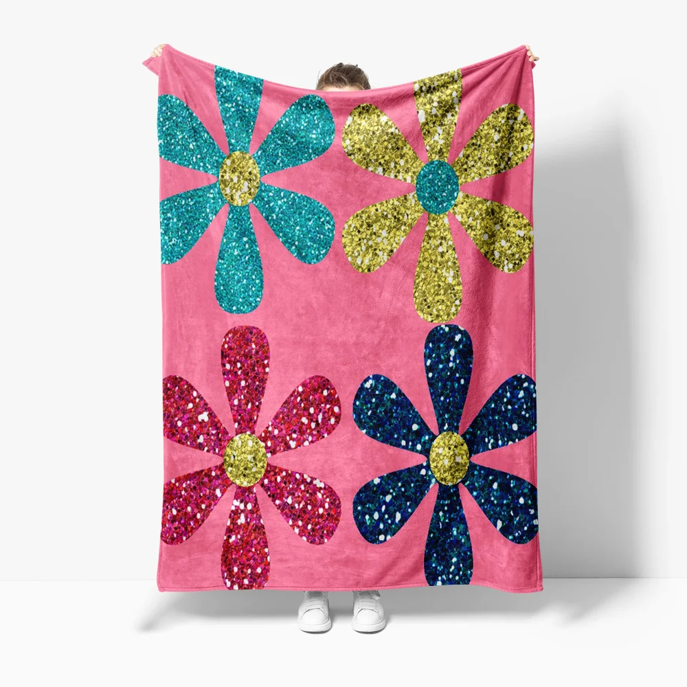

Faux Fur Throw Blanket with Glitter Flowers Sofa Bed Decorative Soft Plush Blanket for Kids Teens Adults