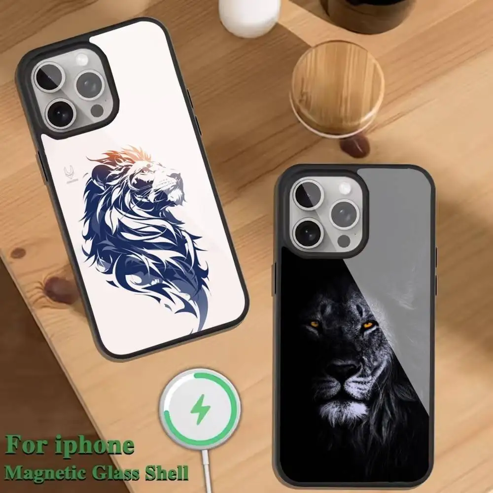 

The Lion pattern Phone Case For Magnetic Wireless Charge Cover For iphone 16 15 14 13 12 11 Pro Max Plus Coque