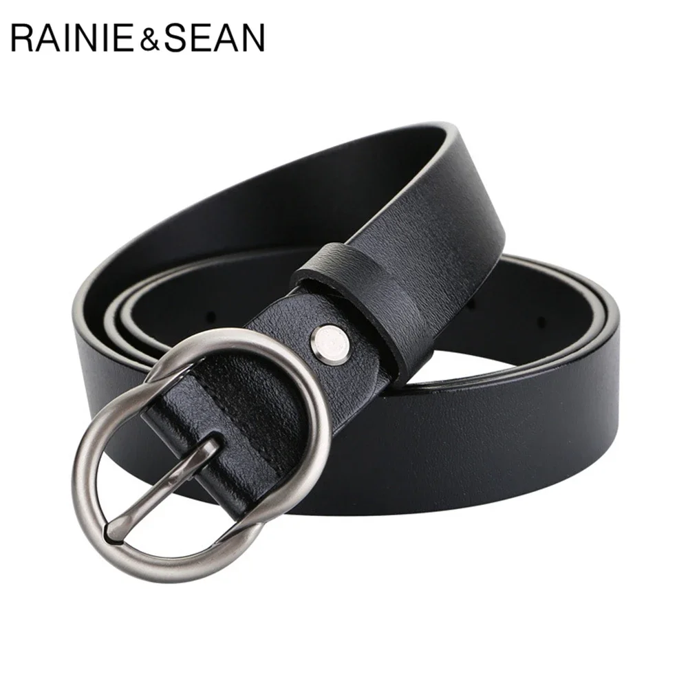 

RAINIE SEAN Black Women Belt Genuine Leather Ladies Waist Belt Pin Buckle Solid Casual Women Leather Belt for Trousers 110cm