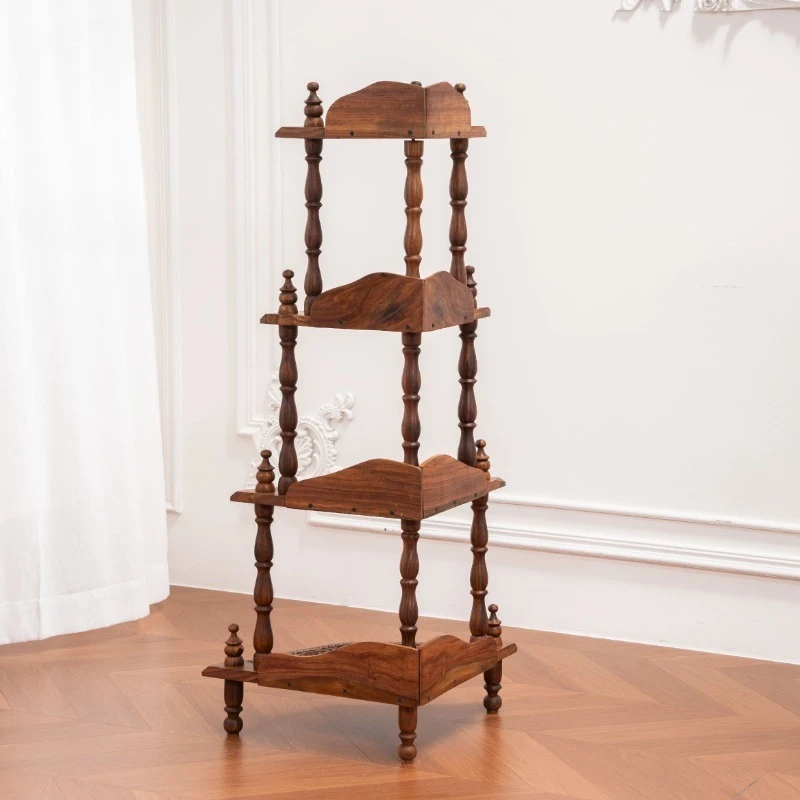 Hand carved solid wood four-layer corner rack retro display rack