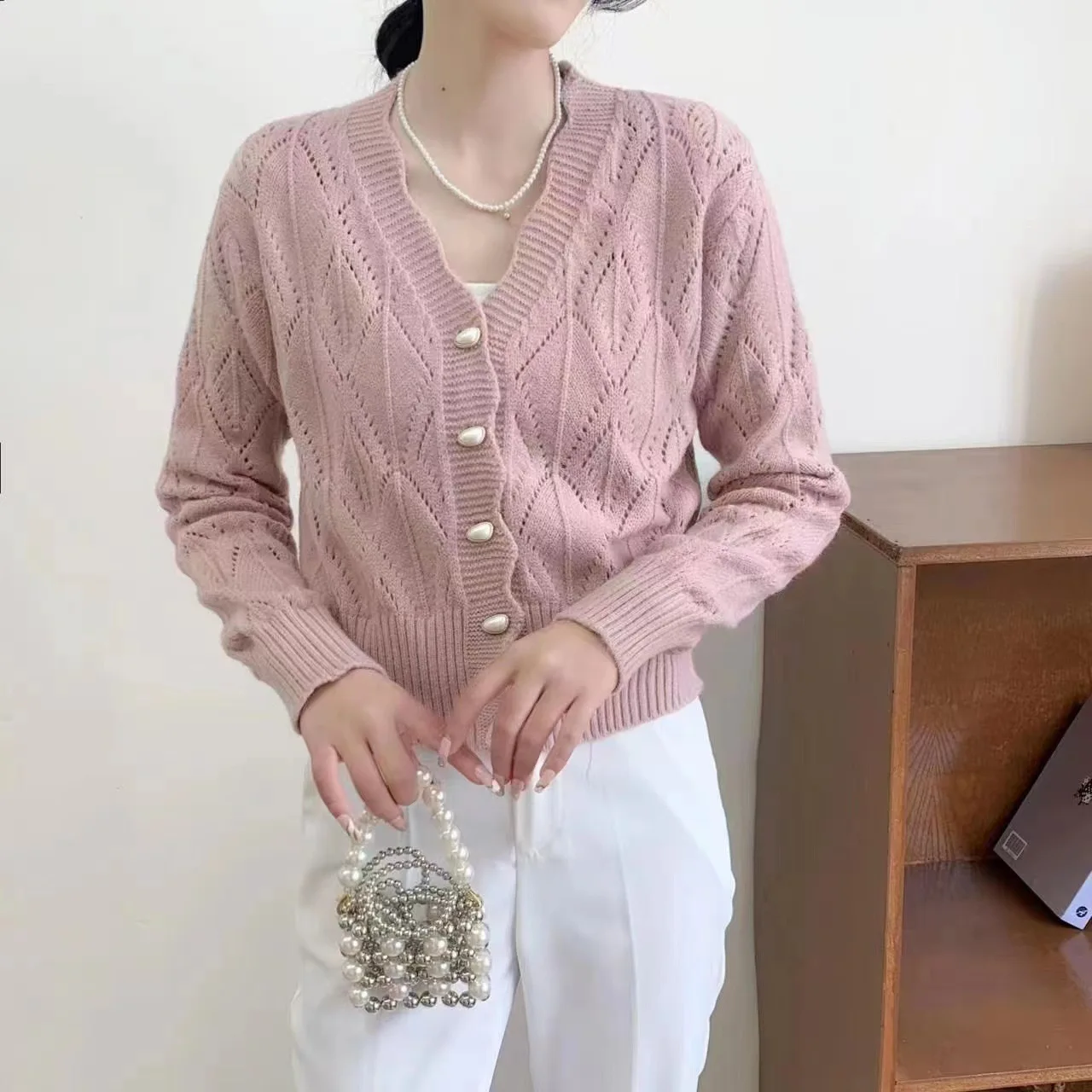 كارديجان نسائي مجوف برتقالي ، تصميم أزرار رائع ، رقبة حرف V ، سترة لطيفة ، معطف قصير ، كاجوال ، متعدد الاستخدامات ، خريف ، جديد ، #4