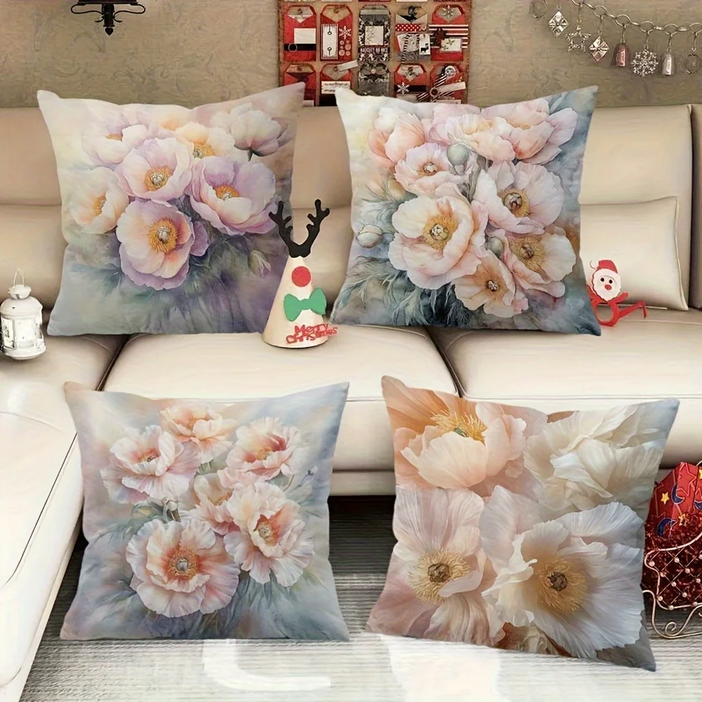 4pcs Pink Poppy Flower Pillow Covers Velvet Polyester Cushion Cases Watercolor Floral Decorative Throw Pillows Home Decor