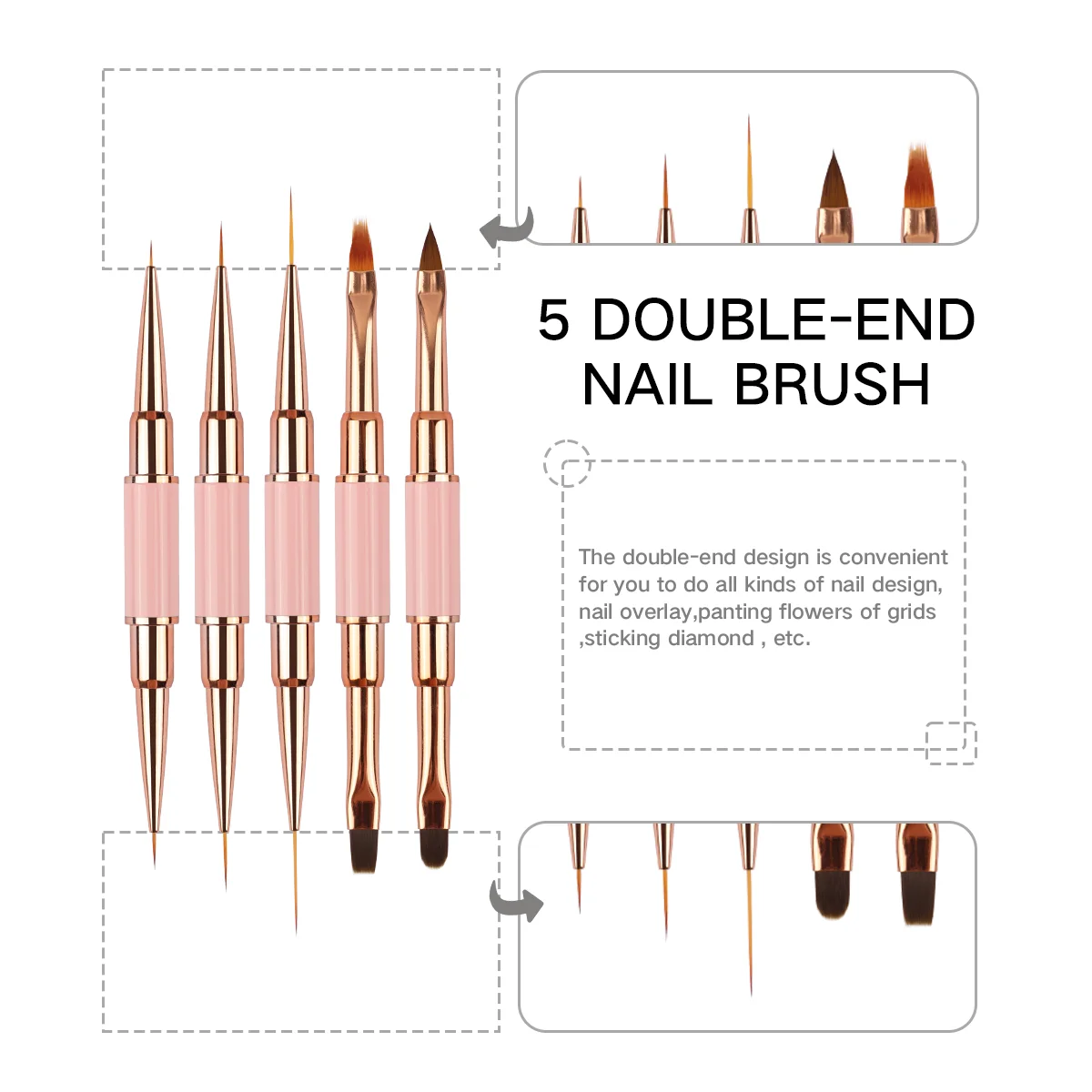 5Pcs Dual-ended Acrylic Nail Art Brushes Set Professional Gel Polish Thin Liner Flower Painting Drawing Manicure DIY Tool