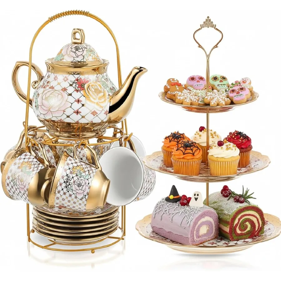 

21 Pcs Tea Party Set for Adults European Floral Tea Set with Metal Holder and 3 Tier Ceramic Cake Stand Porcelain Flower Cup Te