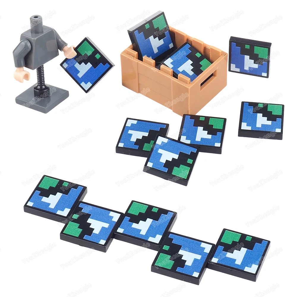 픽셀화된 청록색-흰색 인쇄 패턴 빌딩 블록 2x2 타일 3068 부품 MOC 피규어 블록 세계 지도 장면 모델 선물 장난감