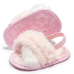 Baby Girls Leopard Plush Sandals Faux Fur Slides Sandals Newborn Non-Slip Shoes Indoor Outdoor Infant Slippers 0-18M