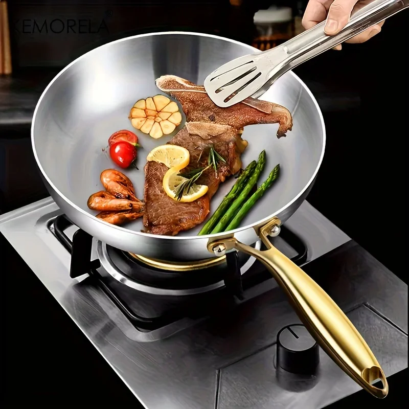 316 Stainless Steel Wok Pan with Silicone Spatula And Golden Handle Nonstick Frying Pot for Gas Stove Fried Steak Cooking