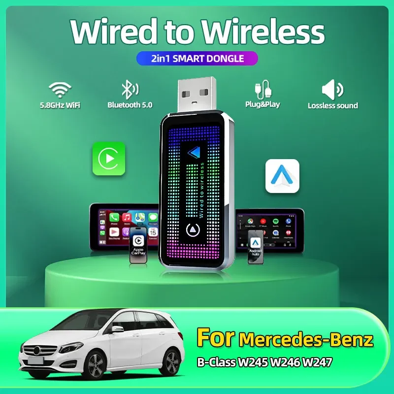 

2in1 Wired to Wireless CarPlay Android Auto Adapter OEM Car Stereo With USB and lights For Mercedes-Benz B-Class W245 W246 W247
