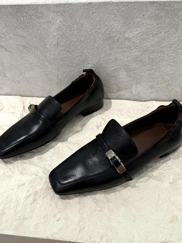 Retro Ladies Genuine Leather Chunky Heel Slip On Pumps Versatile Solid Color Sheepskin Square Toe Buckle Strap Loafers Footwear