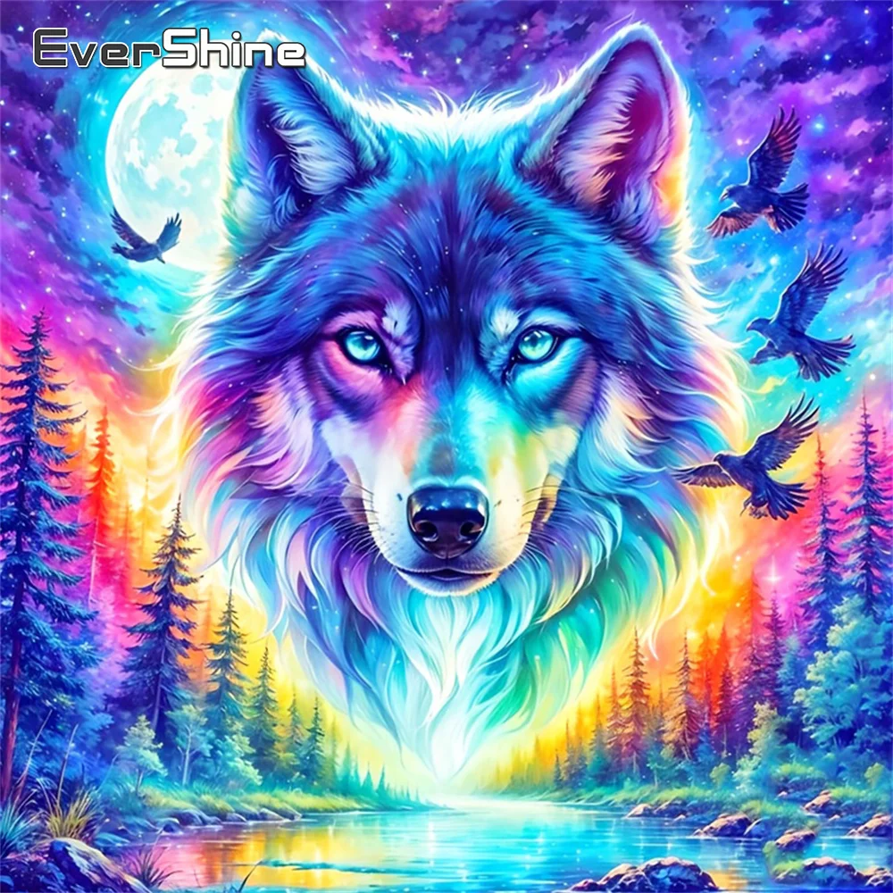 EverShine Diamant-Stickerei Wolf Tier Vollquadrat-Mosaik Adler Gemälde Baum Strass-Bild Mond Heimdekoration