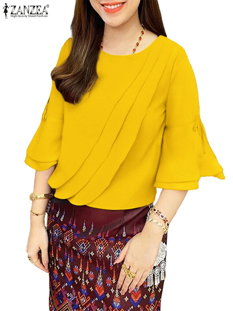 

ZANZEA Pleated Blouse Flare Sleeve Tops 2025 Summer Bow Solid Blusas Women Casual Ruffled Tunic O Neck Loose Oversized Pullovers