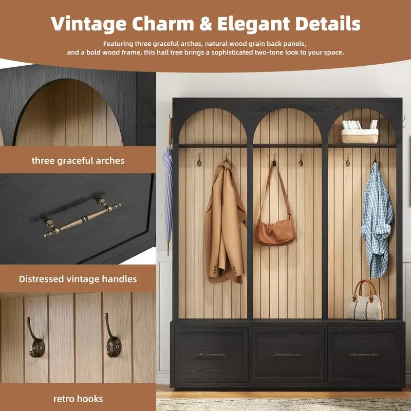 Elegante albero da ingresso in legno con design ad arco, panca da ingresso larga 59", 8 ganci retrò, appendiabiti rustico e organizer per scarpe con 3