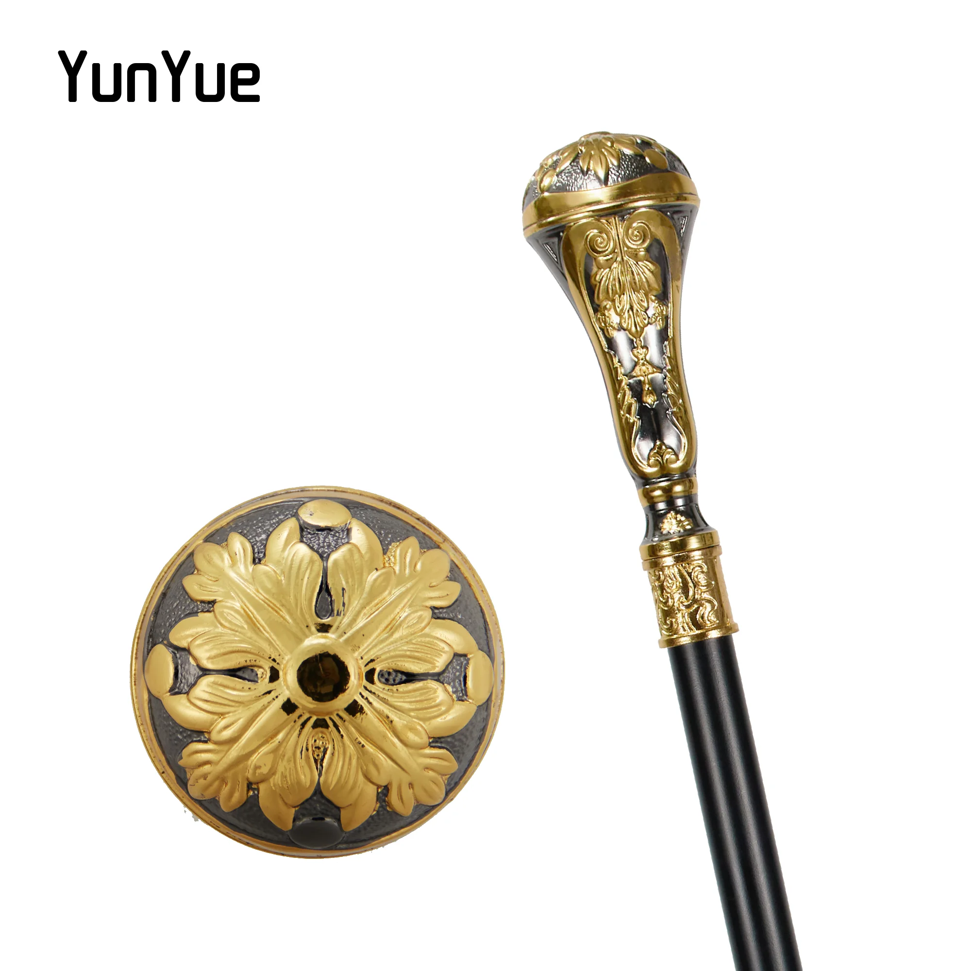 Golden and Black Luxury Round Petals Handle Fashion Walking Stick for Cosplay Decorative Walking Cane Lady Party Walking Canes