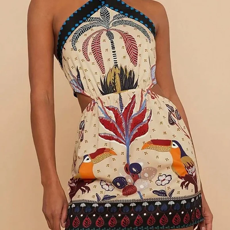 2025 elegante sem costas rendas vestido curto sexy sem mangas halter bohe mini vestido feminino moda padrão impressão magro a linha vestido