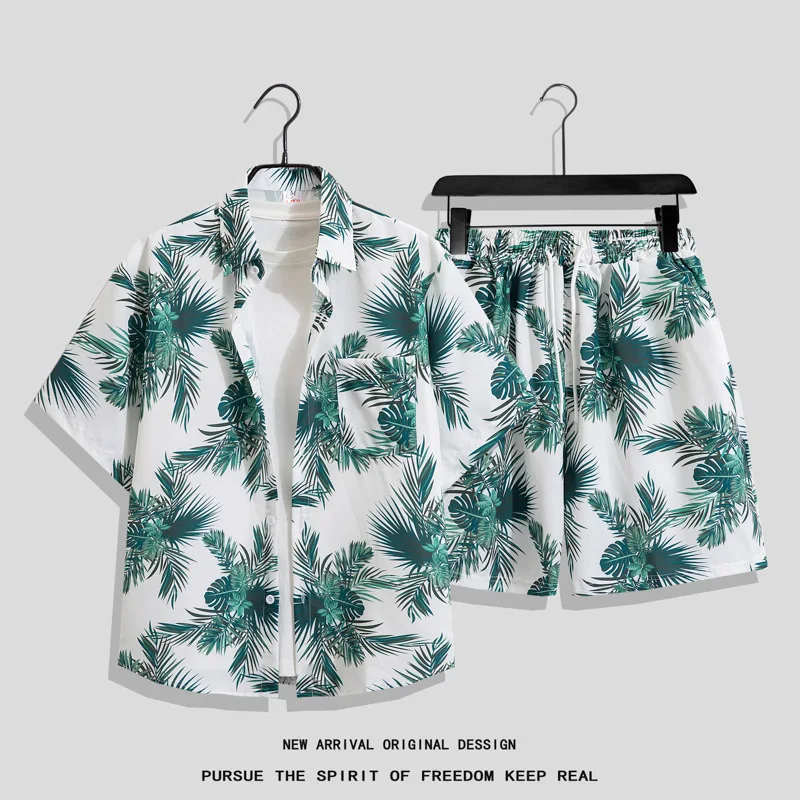

Men's summer quick-drying short-sleeved floral shirt set Hawaiian beach wear loose casual two-piece set 2025 new wear shorts