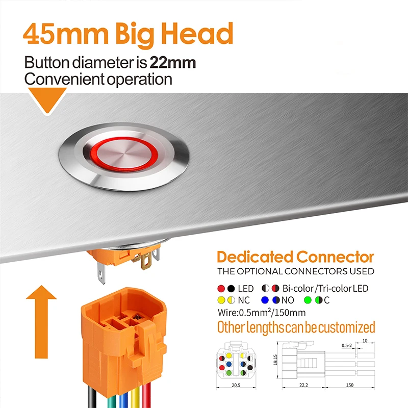 LANBOO 40mm 푸시 버튼 스위치 ON OFF 1NO1NC DPDT 방수 스위치 (커넥터 와이어 포함)