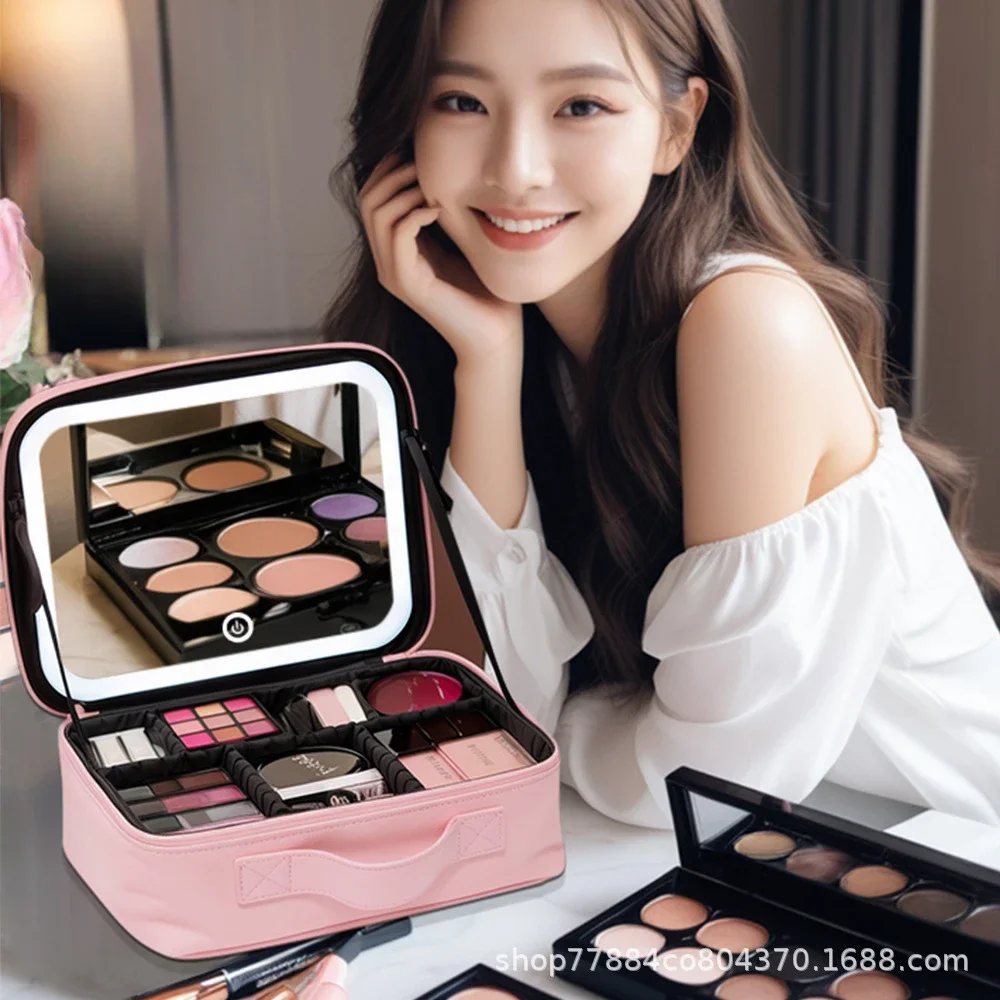 LED Lighted Cosmetic Case with Mirror Waterproof PU Leather Portable Travel Makeup Storage Bags make up organizer bag