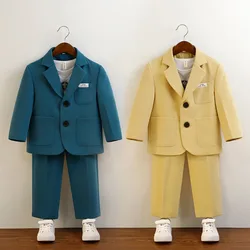 School Uniform for Boys Yellow Casual Blazers Trousers Two-piece Flower Child Wedding Costume Handsome Host Performance Outfits