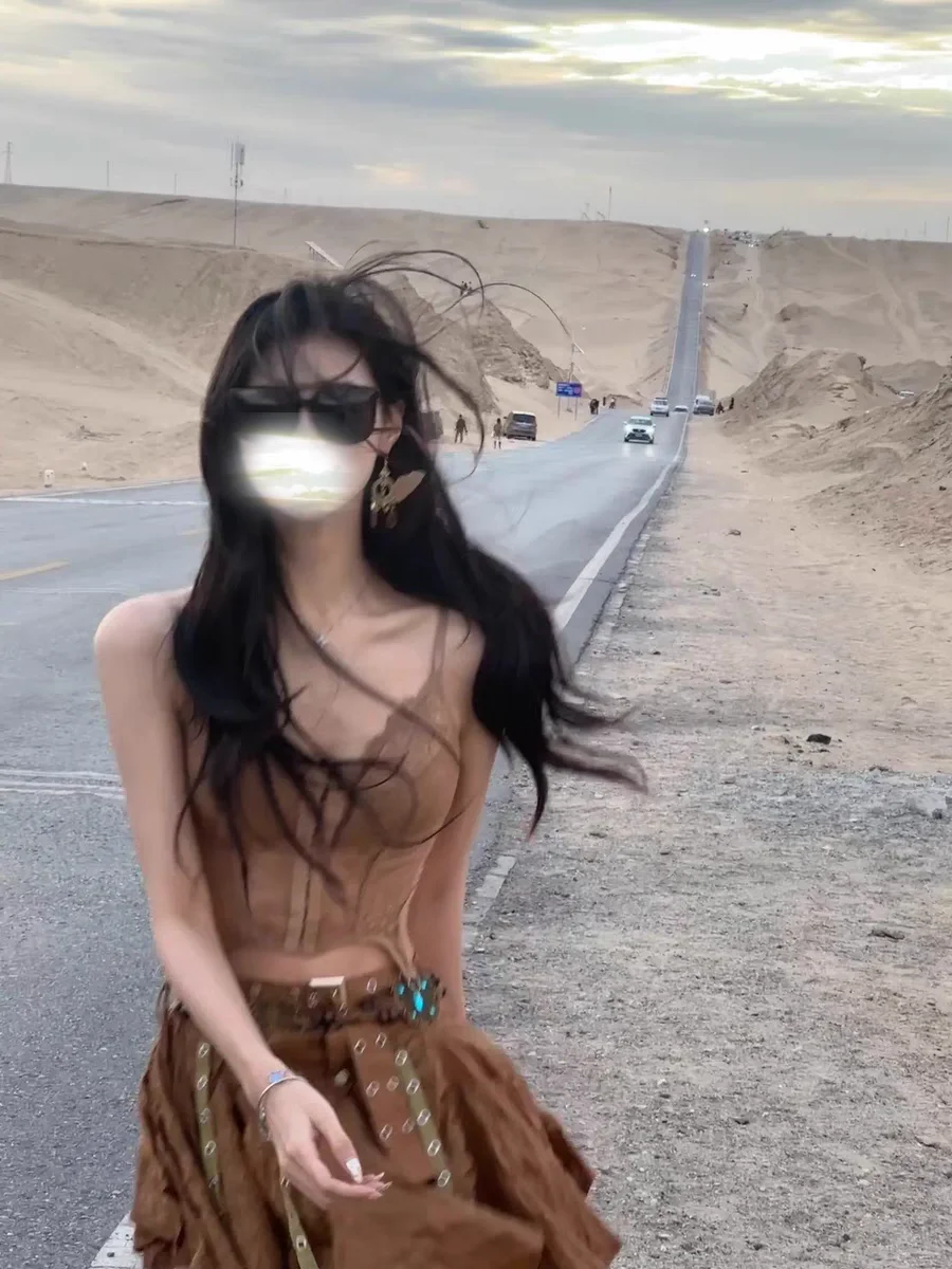 Vacation Style Lace Hook Flower Strap Skirt Post-Apocalyptic Waste Land Wind Bell Skirt mid Waist A-Line Skirt Body Shape
