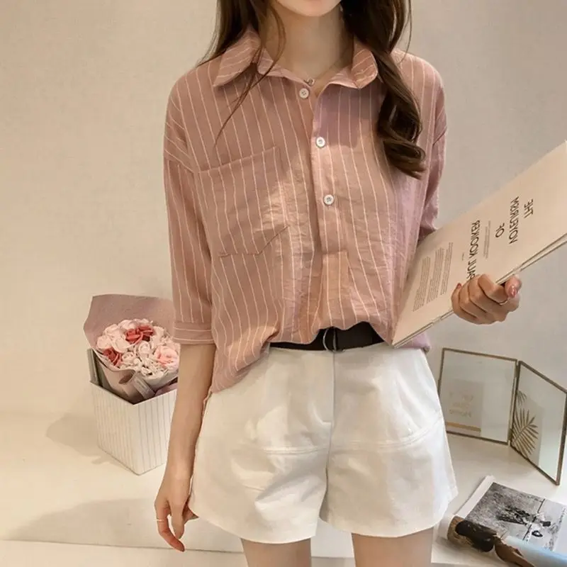 

New Korean Style Loose Slim Striped Shirt Women's Fashionable Top Casual Base Shirt