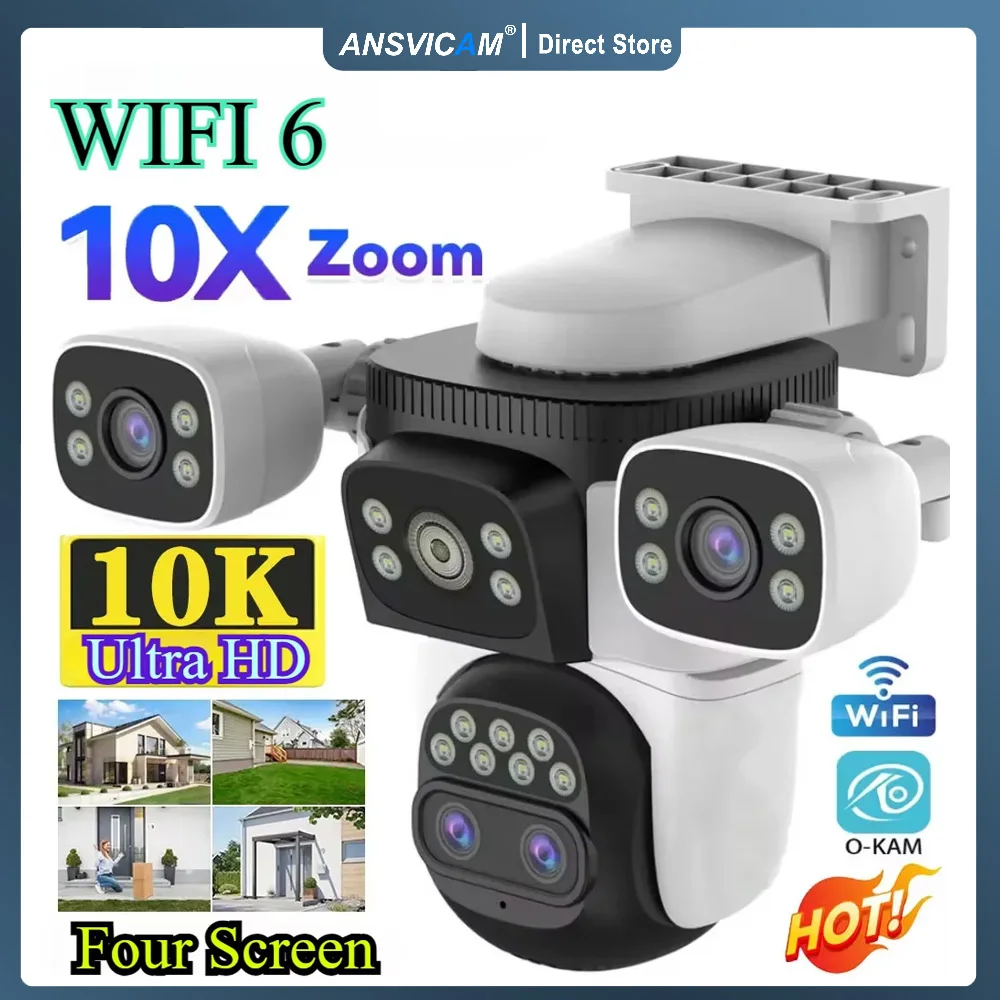 

10K Outdoor 10X Optics Zoom WiFi6 Camera 20MP Four Screen Four Lens PTZ Automatic Tracking 6K 4 Lens Waterproof Security CCTV