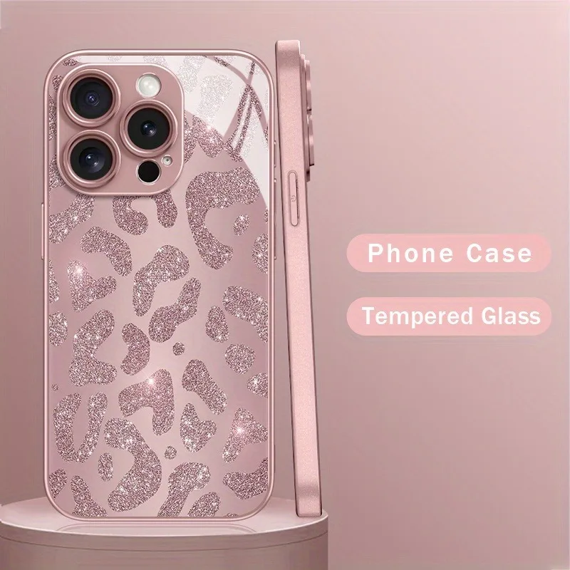 

Fashion Pink Leopard Print Metallic Paint Glass Hard Phone Case For iPhone 17 15 16 11 12 13 14 Pro Max Plus 16E 17Air Cover