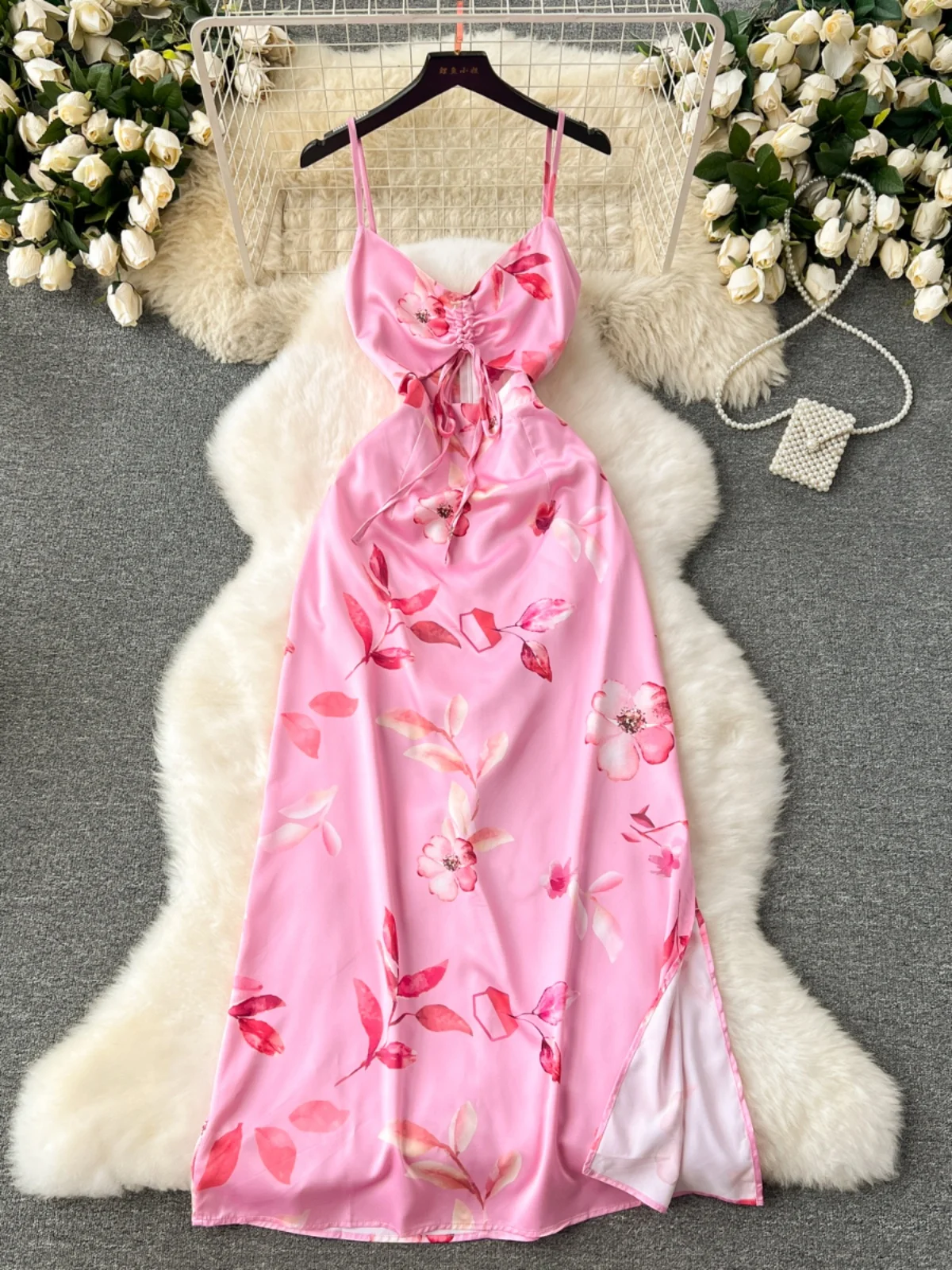 Foamlina Französisch Blumen druck Slip Kleid Sommer Frauen Mode aus geschnitten ärmellose rücken freie schlanke Split eine Linie Strand Party Kleider