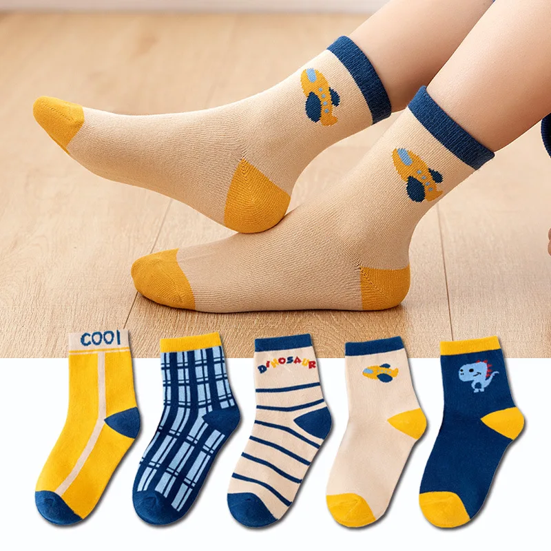 5‑Pack Kids Boys Socks Dinosaur Airplane Theme Plaid Striped Soft Cotton Breathable Mid‑Calf Casual Socks