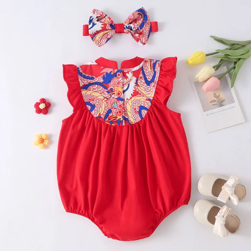 Summer Rompers Baby Girl Clothes Chinese Style Cute Bow Red Sleeveless Cotton Bodysuits Newborn Items Infant Accessories B389