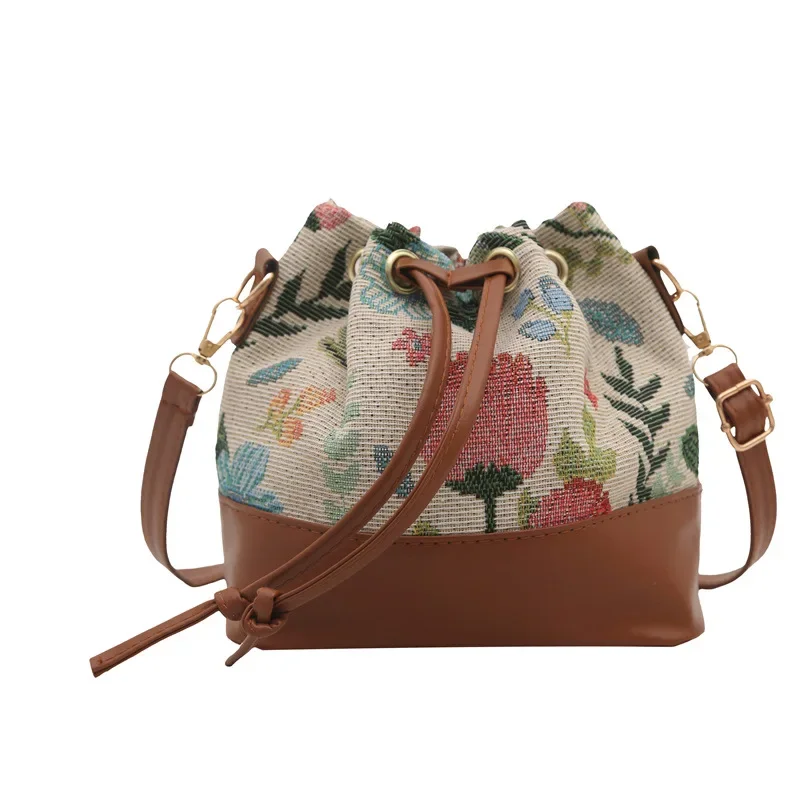 

Women's 2025 Fashionable Drawstring Bucket Bag, Unique Retro Floral Embroidery Shoulder Crossbody Pack for Leisure & Daily Use