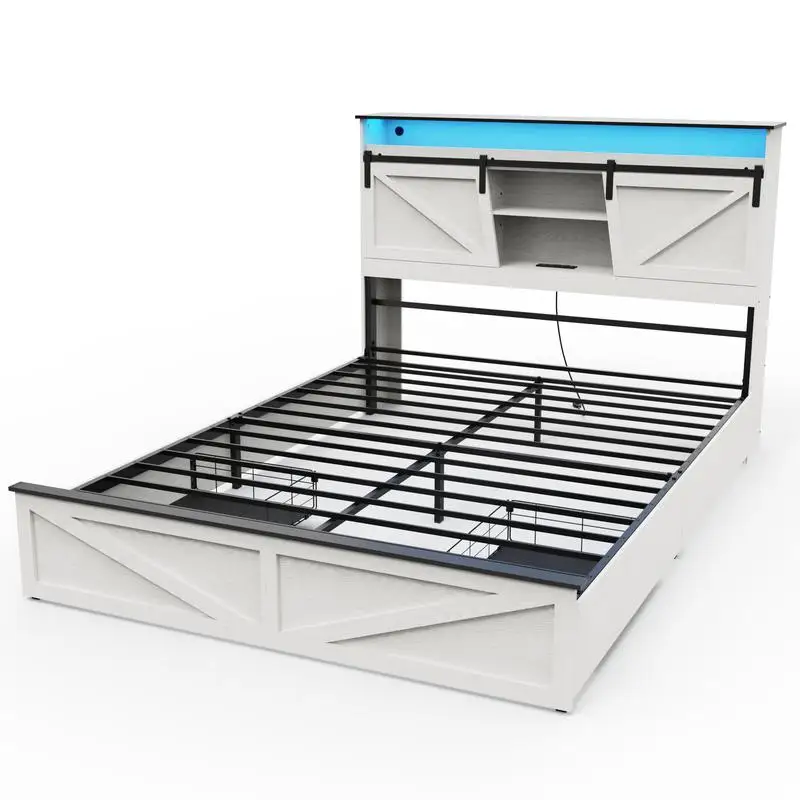 Queen Size Bed Frame with Storage Headboard, Drawers, Charging Station & LED Lights, White Finish