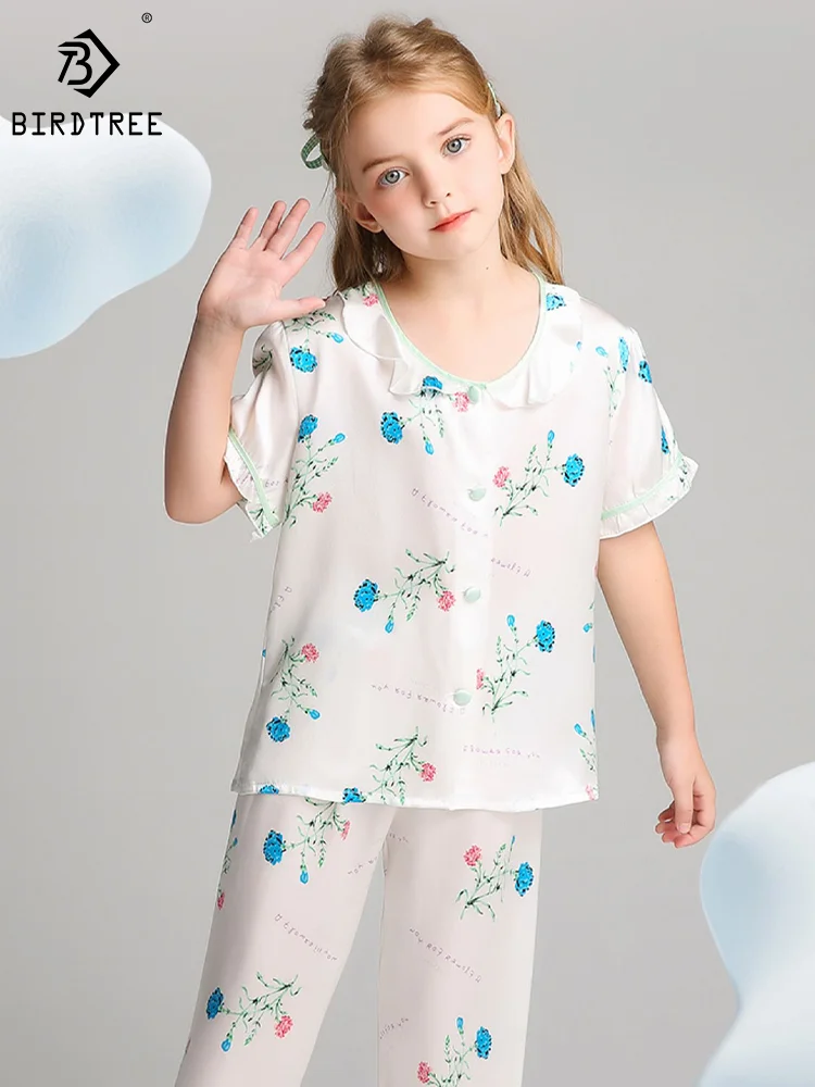

Birdtree 16MM 100%Mulberry Silk Kids Pajamas Set Flower Print Home Clothing Set For Boy and Girl 2024 Spring Summer New S41248QM