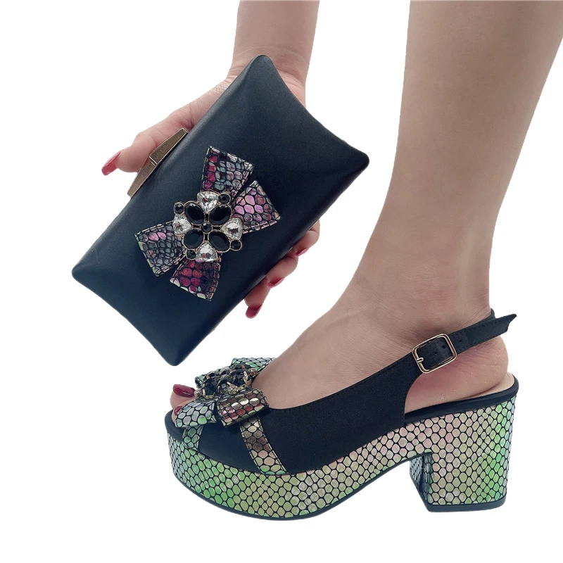 Nigerian Black Women Party High Heels Bag Set Butterfly Gems Diamond Design Fashion Summer Sandals Wedding Ladies Shoes Bag Set