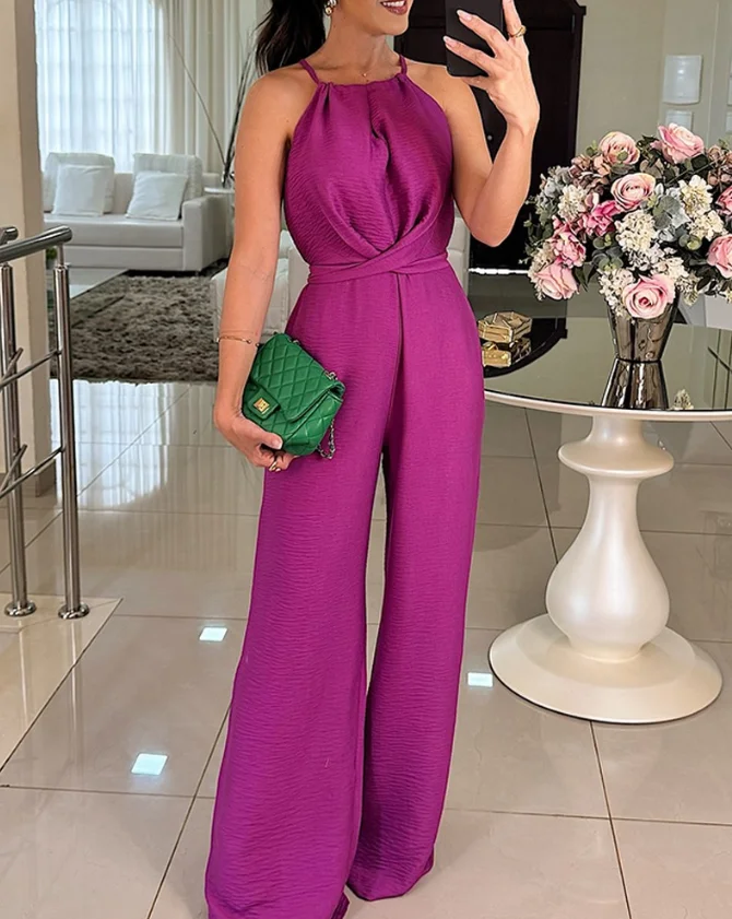 

Jumpsuit Women 2025 Spring New Halter Sleeveless Lace-Up Jumpsuit Casual Waist Ruched Loose Fit High Waist Wide-Leg Romper