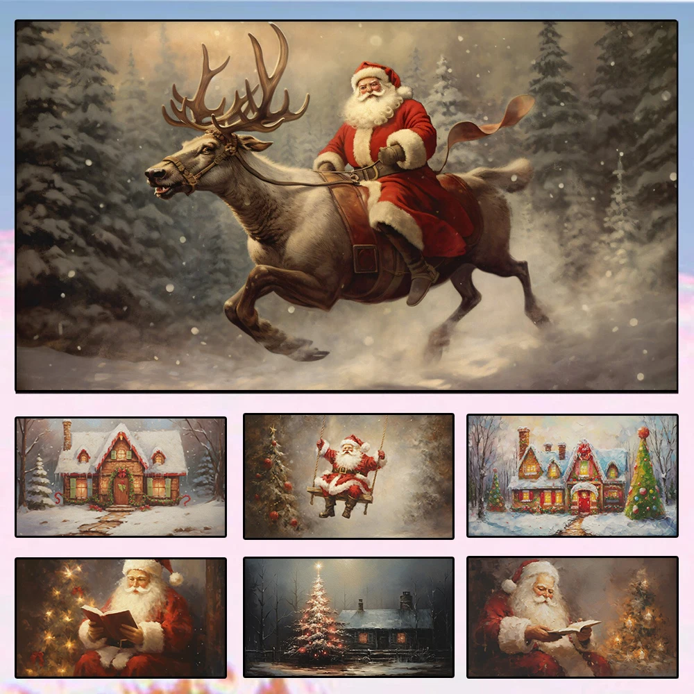 

Christmas Santa Claus Retro Country Farmhouse Canvas Painting Winter Landscape Poster Print Holiday Gift Living Room Home Decor