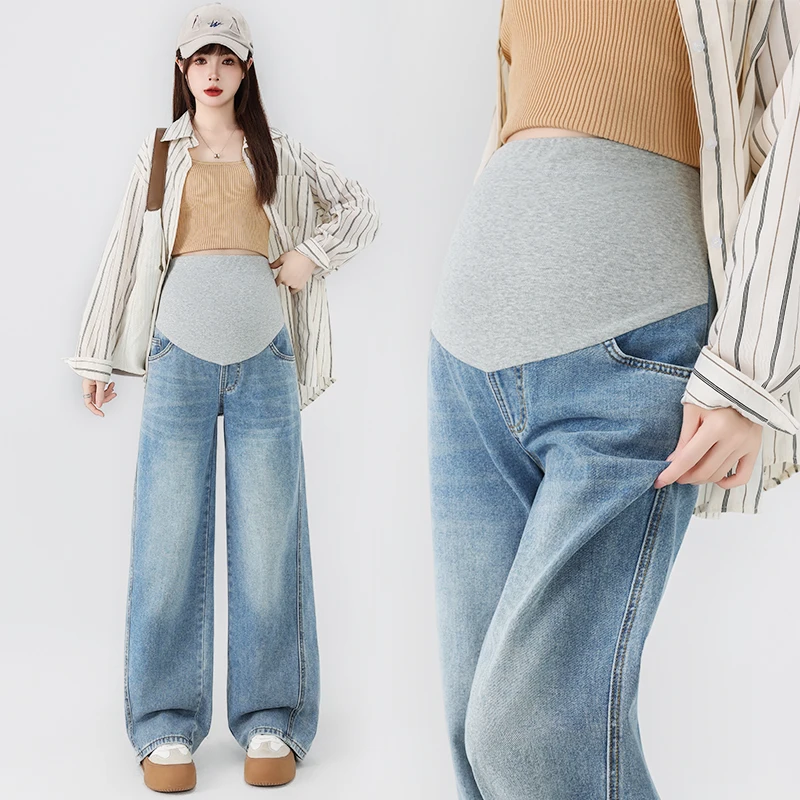 

2025 Maternity Denim Jeans with Belly Support - Straight-Leg Floor-Length Pants for Spring/Fall Comfortable & Stylish Pregnancy